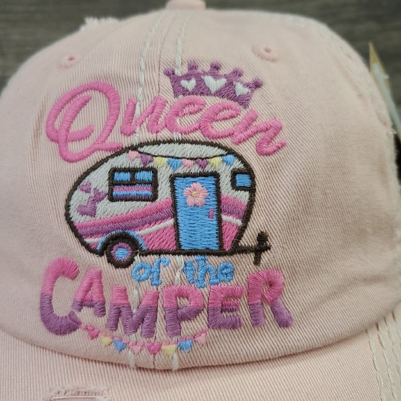 Queen Of The Camper Embroidered Distressed Baseball Cap Vintage Style Pink Hat - Picture 2 of 11